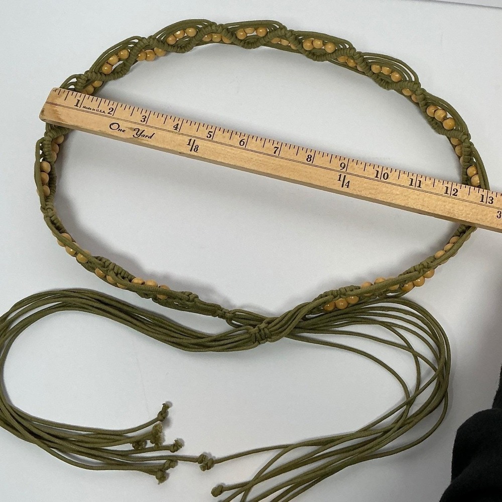 Vintage Boho‎ Macrame Belt Olive Green Cord Wooden Beads Tassel Tie Waist Belt - Picture 3 of 4
